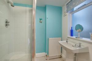 a bathroom with a shower and a sink and a toilet at Bryn Hyfryd in Penmaenpool