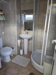 a bathroom with a sink and a shower and a toilet at Casa Apito Dourado in Ponta Delgada +12 photos