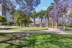a park with purple trees and palm trees at Large Elegant Condo with Views near the Grove in Los Angeles