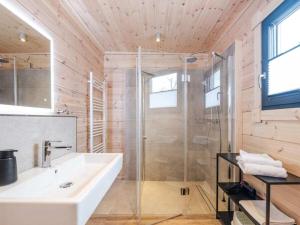 une salle de bain avec une baignoire, un lavabo et une douche dans l'établissement Bergwaldchalet Animal Friend 2, à Schierke 18 autres photos