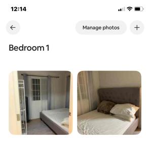 2 fotos de un dormitorio con cama y espejo en bluehouse csfp, en San Fernando