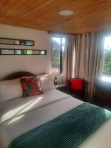 a bedroom with a bed and a chair and windows at Alojamiento natural rural LOS NOGALES in San Francisco