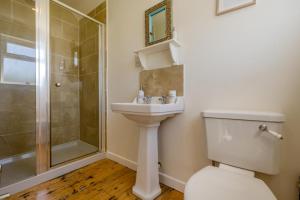 a bathroom with a toilet and a shower and a sink at Merlins Cottage - Tintagel in Tintagel +13 photos