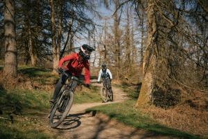 two people riding bikes on a trail in the woods at 6 Bed in Blaencwm oc-t32688 in Blaencwm