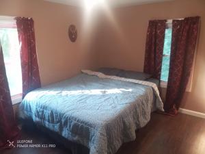 a bedroom with a bed with a blue comforter and two windows at Large downtown home in Philipsburg