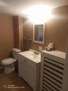 a bathroom with a toilet and a sink and a mirror at Large downtown home in Philipsburg