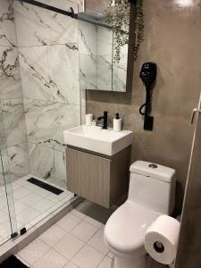 ein Badezimmer mit Toilette, Waschbecken und Dusche in der Unterkunft Departamento Moderno con balcón y piscina climatizada in Rosarito Beach