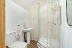 Un baño con ducha, inodoro y lavabo. en Great Tre-Rhew Farm, en Llanvetherine 19 fotos más