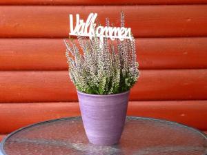 a purple vase with flowers on a glass table at 4 person holiday home in Brålanda in Brålanda