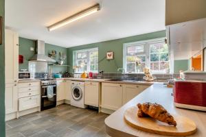 a kitchen with green walls and a table with a turkey on it at The Southend Cottage in Ledbury