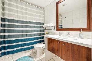 a bathroom with a sink and a toilet and a mirror at Estreno - Bellas Artes Turístico in Santiago +6 photos