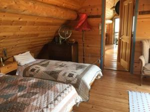 une chambre avec deux lits dans une cabane en rondins dans l'établissement Cottage Dejavu & Harvest - Vacation STAY 03242v, à Uwano
