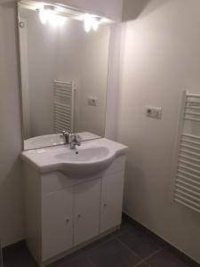 a bathroom with a white sink and a mirror at Maison de vacances Jocelyne in Lauris +11 photos