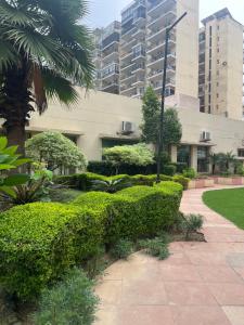 a garden with bushes and trees in front of a building at Perfect Apartment Stay in Gurgaon