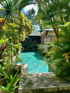 a swimming pool in a garden with palm trees at Gardens Retreat, Peaceful Bungalow near Beach in Pereybere
