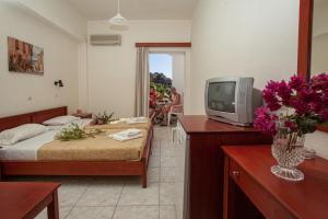 a room with a bed and a tv and flowers at Ammoudi Hotel in Damnoni