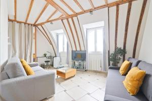 ein Wohnzimmer mit zwei Sofas und einem Fernseher in der Unterkunft Center of Paris Luxurious Studio Apartment Free NetFlix in Paris