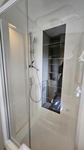 a shower with a glass door in a bathroom at Watt-Fee in Westerland