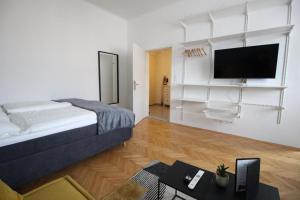 une chambre avec un lit, un bureau et une télévision dans l'établissement Moderne & zentrale Citywohnung nahe Stadthalle, Messe & Sportpark, à Graz