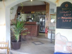 a restaurant with a potted plant in the doorway at Pension Gasthaus zum Pegel in Naumburg