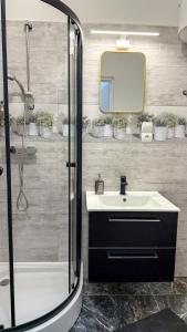 a bathroom with a shower and a sink and a mirror at Cztery Kąty w Rynku by LibertaRent in Wałbrzych
