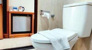 a bathroom with a toilet with a towel on it at Rama Garden Hotel in Palu