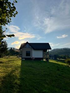 a small white house with a black roof in a field at Вирій in Slavske