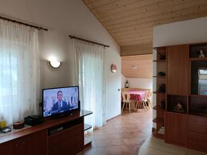 a living room with a flat screen tv on a cabinet at Dolomiti Appartamento Ivano in Predazzo