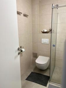 a bathroom with a toilet and a glass shower door at Fantasia Apartment - Tesla palace in Kragujevac +9 photos