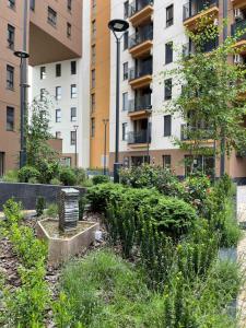 a garden in a city with tall buildings at Fantasia Apartment - Tesla palace in Kragujevac
