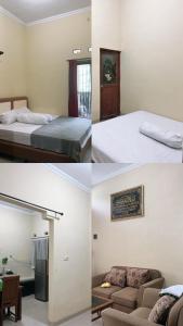 three pictures of a room with two beds at Raphi house in Demangan