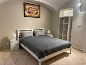 a bedroom with a bed and a painting on the wall at Una finestra sul mondo! in Biella