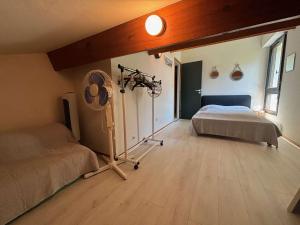 a bedroom with a bed and a fan at Vacances au lac ! in Biscarrosse
