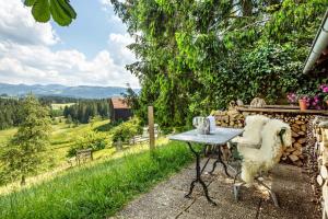 a table and chair sitting on a patio with a view at Ferienwohnung Elfi in Oberreute