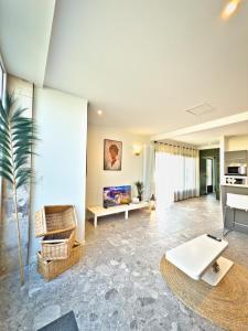 a living room with a palm tree and a couch at Petit Albert in Aytré
