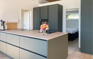 a kitchen with a counter with flowers on it at 4 Bedroom Amazing Home In Fredericia in Fredericia