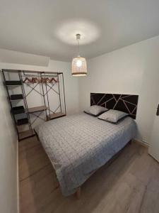 a bedroom with a bed and a chandelier at Le Numéro 10 in Marcigny +5 photos