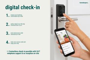 a person holding a cell phone unlocking a refrigerator at homie stay Dominikus in Würzburg