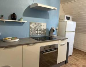 a kitchen with a stove and a refrigerator at Le Cocon Bleu - Charmant Appartement 1 Chambre à Calais in Calais +4 photos