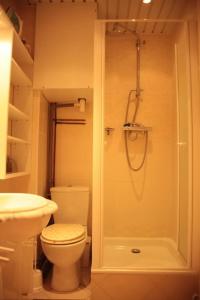 La salle de bains est pourvue d'une douche, de toilettes et d'un lavabo. dans l'établissement Saint Michel Notre Dame, à Paris