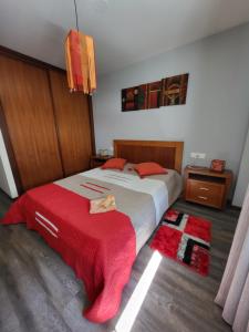 een slaapkamer met twee bedden met rode kussens erop bij Apartemento Cerveira in Vila Nova de Cerveira