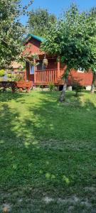 a house with a bench and a tree in the yard at Pasiekówka domek letniskowy in Zawóz