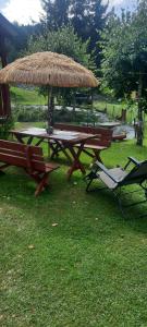 a picnic table with a straw umbrella and a chair at Pasiekówka domek letniskowy in Zawóz +7 photos