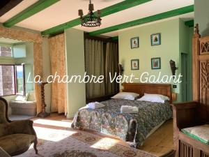 a bedroom with a bed and a chandelier at Le Manoir des Remparts de Besse in Besse-et-Saint-Anastaise
