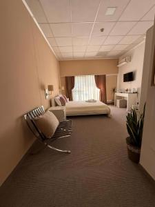 a hotel room with a bed and a chair at Aparthotel Waldinger Skopje in Skopje