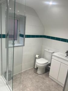 a bathroom with a toilet and a glass shower at 3 bed flat 10 mins to Alton Towers Sleeps 6-8 people in Cheadle +54 photos