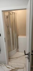 a bathroom with a shower with a glass door at Central Spacious Room in Prague in Prague