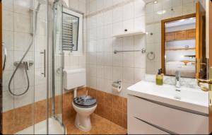 a bathroom with a toilet and a sink and a shower at Villa Ana Apartman s kuhinjom i pogledom na more in Selce