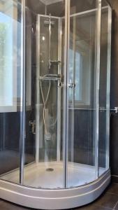 a shower with a glass door in a bathroom at Nyoppusset leilighet nær Aker og sentrum in Stord
