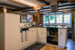 a kitchen with white cabinets and a stove top oven at Wohnhaus Münzmühle in Appenzell in Appenzell